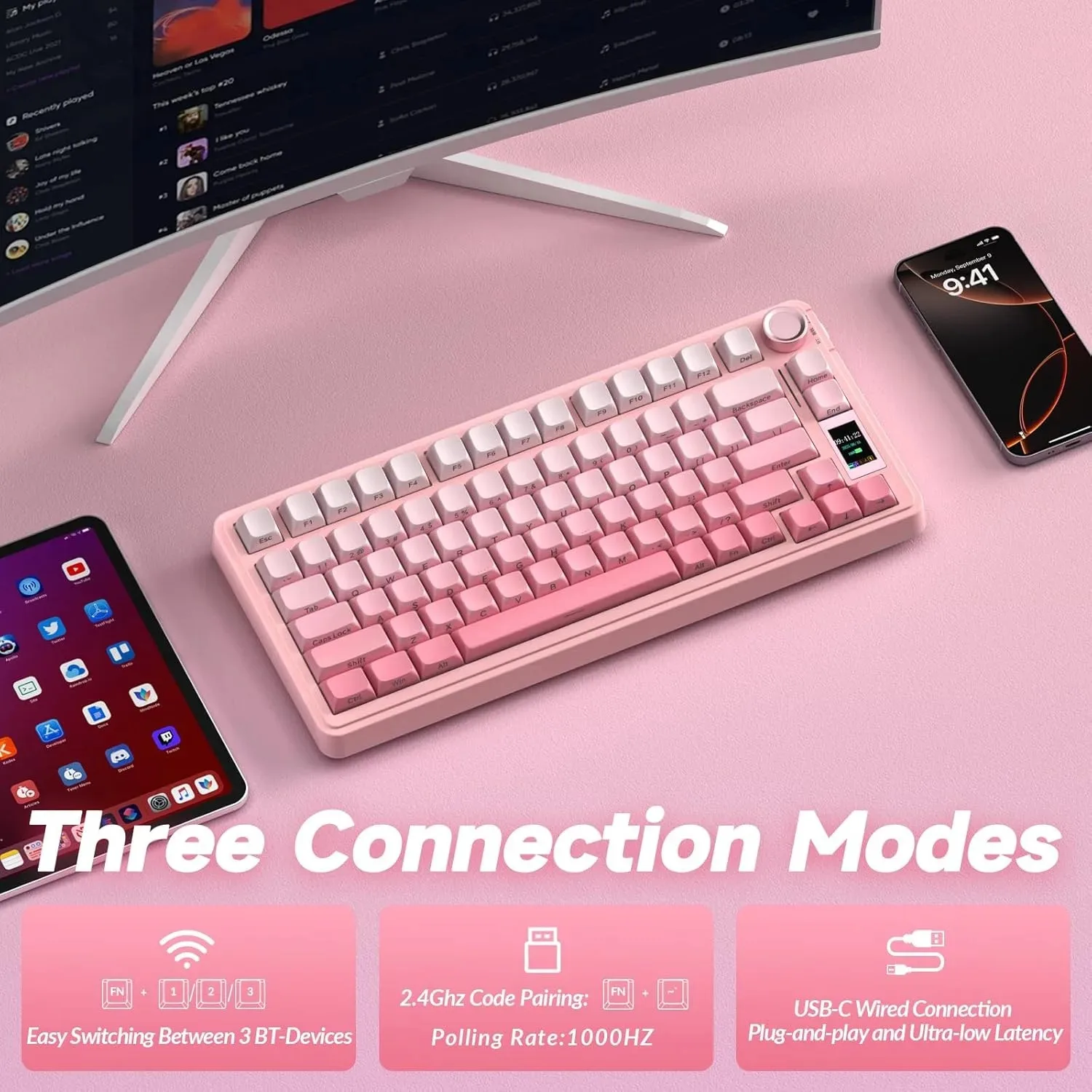 Perifericos Teclado Inalambrico Aula Wind S75 Pro Pink Switch Graywood  V3 Gamer Mecanico BT