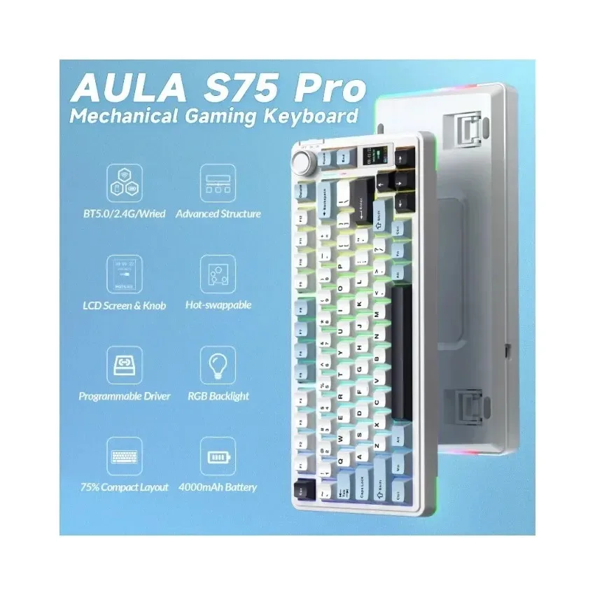 Perifericos Teclado Inalambrico Aula Wind S75 Pro Light Blue White Black Purple Switch Seiya Gamer Mecanico BT