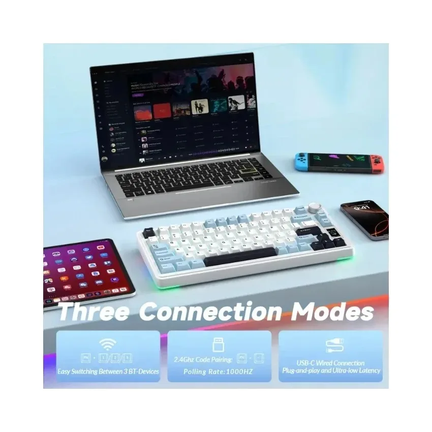 Perifericos Teclado Inalambrico Aula Wind S75 Pro Light Blue White Black Purple Switch Seiya Gamer Mecanico BT