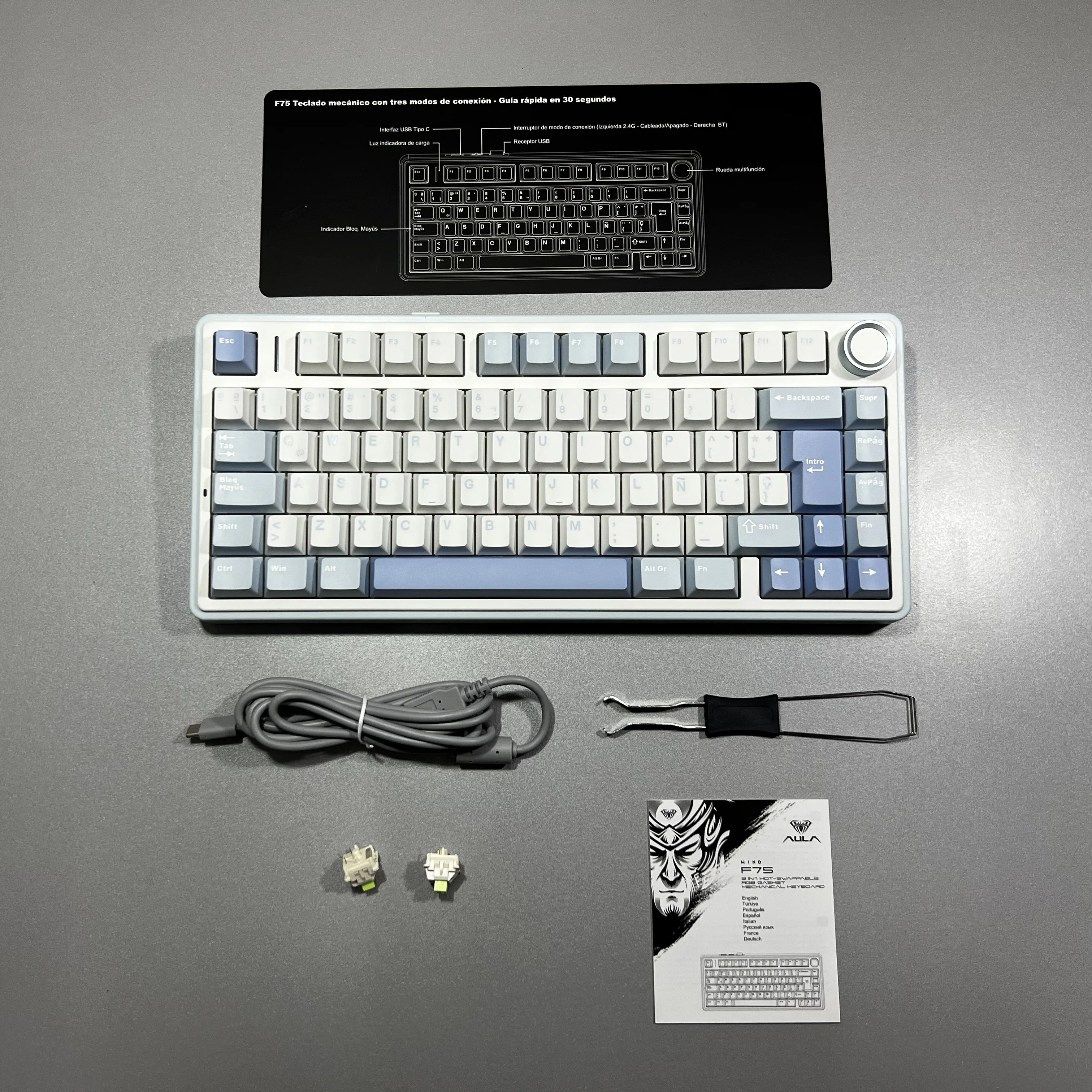Perifericos Teclado Inalambrico Aula F75 Blue White Dark Blue RGB Switch Reaper Gamer Mecanico BT