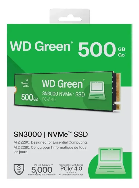 Almacenamiento Disco Solido SSD NVMe Western Digital 500GB SN3000 Green PCIe 4.0 M.2 WDS500G4G0E-OOCPS0